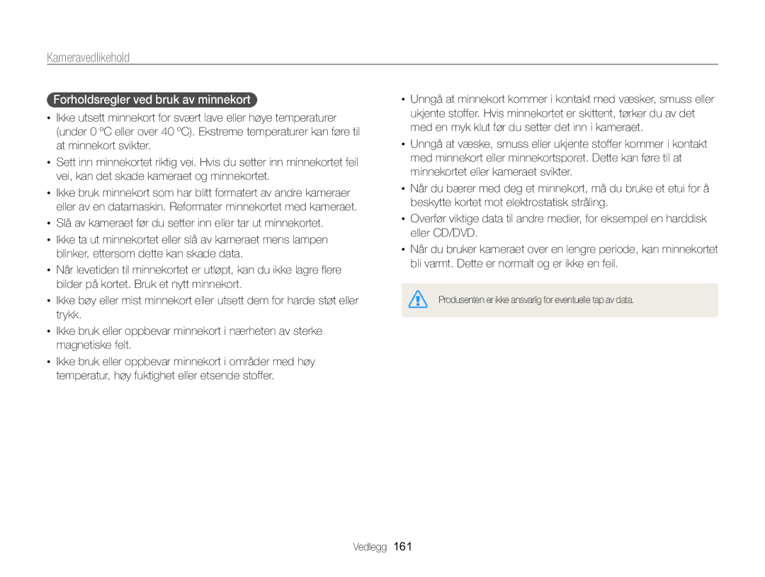 Samsung EC-WB850FBPBE2 manual Forholdsregler ved bruk av minnekort  